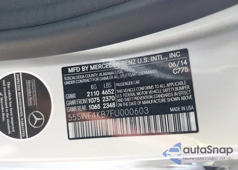 2015 Mercedes-Benz C 300 4Matic/Luxury 4Matic/Sport 4Matic из США, поврежденный, VIN 55SWF4KB7FU000603